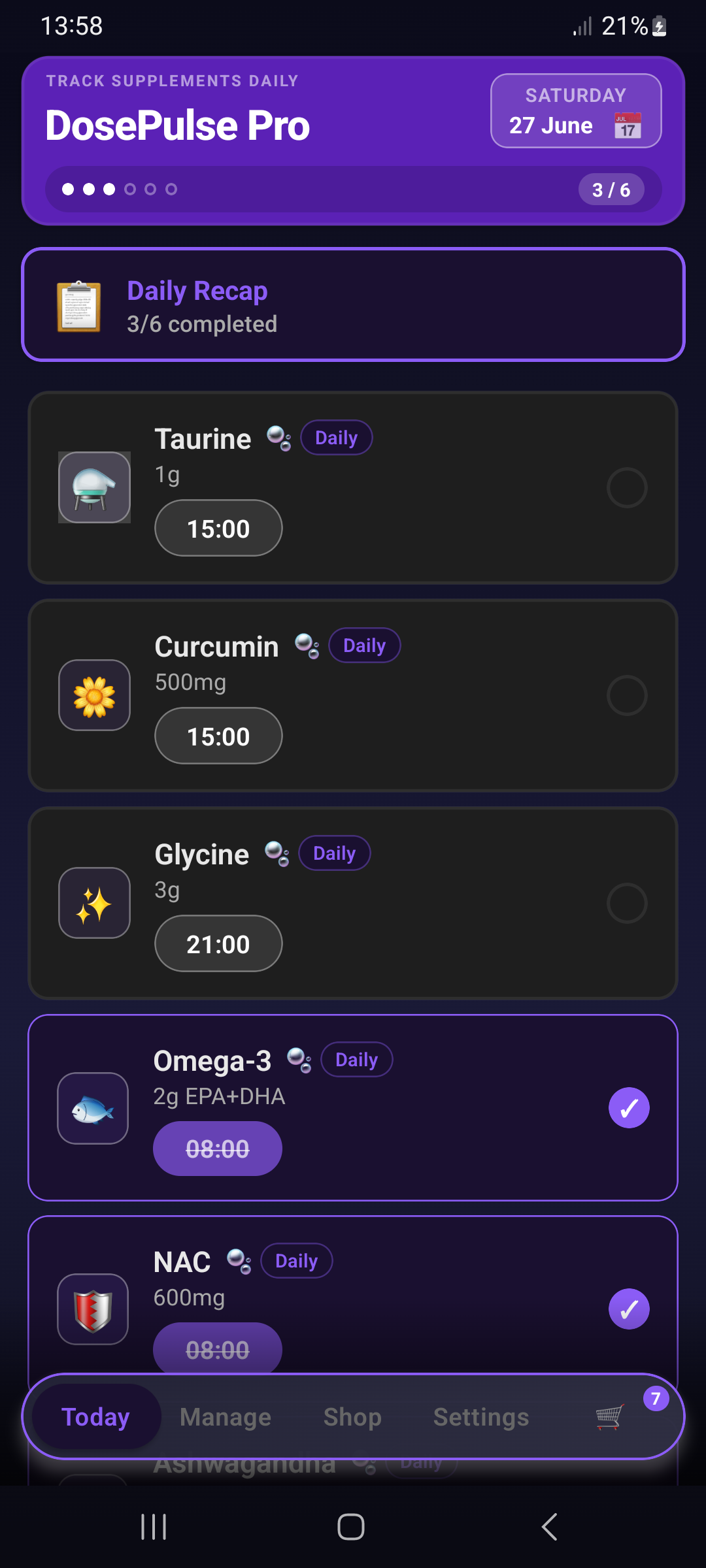 Today screen — midnight theme